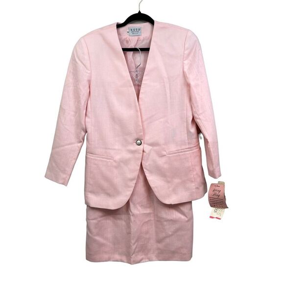 Russ Petites Womens 2 Pcs Suit Blazer and Pencil Skirt‎ One Button Lined Pink 10 - Picture 1 of 11